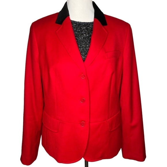 Talbots Womens Red Wool Black Velvet Collar Fitted Blazer Jacket Size 16 Pockets - Picture 2 of 10